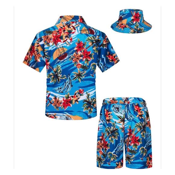 Tunevuse Boys Hawaiian 3pc Cabana Set Shirt Shorts Hat Blue Floral Outfit NEW - Picture 2 of 9